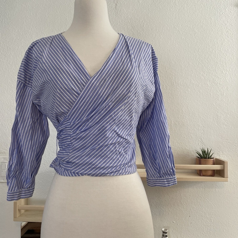 Zara Blue White Striped Wrap Cropped Top Size Extra Small Long‎ Tie